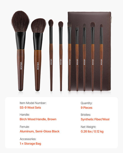 9-Piece Makeup Brush Set for Foundation Blending Eyeshadow, Professional Makeup Brush Kit with Soft Natural Wool & Vegan Synthetic Bristles, Ergonomic Wood Handle, Travel-Friendly Storage Bag - Image 7