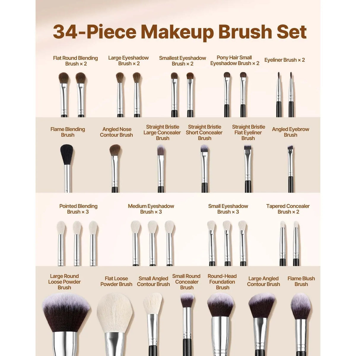34-Piece Makeup Brush Set, Professional Brushes Kit for Foundation Blending Eyeshadow Concealer Blush - with Soft Bristles, Ergonomic Wood Handle, Travel-Friendly Case Included - Image 2