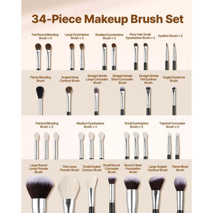 34-Piece Makeup Brush Set, Professional Brushes Kit for Foundation Blending Eyeshadow Concealer Blush - with Soft Bristles, Ergonomic Wood Handle, Travel-Friendly Case Included - Image 2