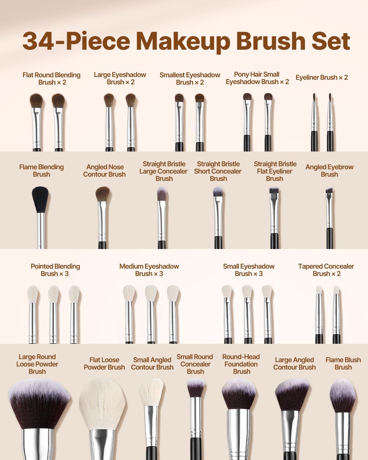 34-Piece Makeup Brush Set, Professional Brushes Kit for Foundation Blending Eyeshadow Concealer Blush - with Soft Bristles, Ergonomic Wood Handle, Travel-Friendly Case Included - Image 2