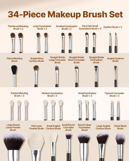 34-Piece Makeup Brush Set, Professional Brushes Kit for Foundation Blending Eyeshadow Concealer Blush - with Soft Bristles, Ergonomic Wood Handle, Travel-Friendly Case Included - Image 2