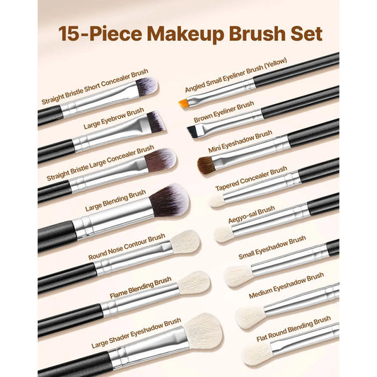 15-Piece Makeup Brush Set for Foundation Blending Eyeshadow, Professional Vegan Brushes with Soft Synthetic Bristles, Ergonomic Wood Handle & Aluminum Ferrule, Portable and Travel-Friendly - Image 2
