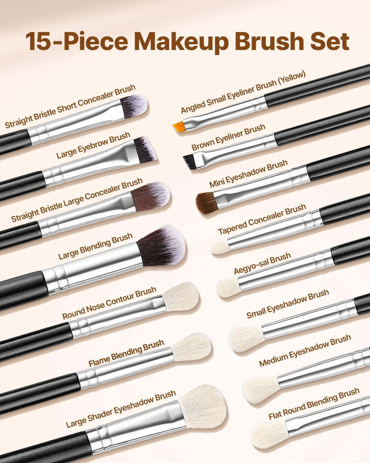 15-Piece Makeup Brush Set for Foundation Blending Eyeshadow, Professional Vegan Brushes with Soft Synthetic Bristles, Ergonomic Wood Handle & Aluminum Ferrule, Portable and Travel-Friendly - Image 2