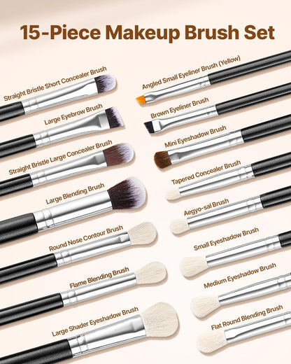 15-Piece Makeup Brush Set for Foundation Blending Eyeshadow, Professional Vegan Brushes with Soft Synthetic Bristles, Ergonomic Wood Handle & Aluminum Ferrule, Portable and Travel-Friendly - Image 2