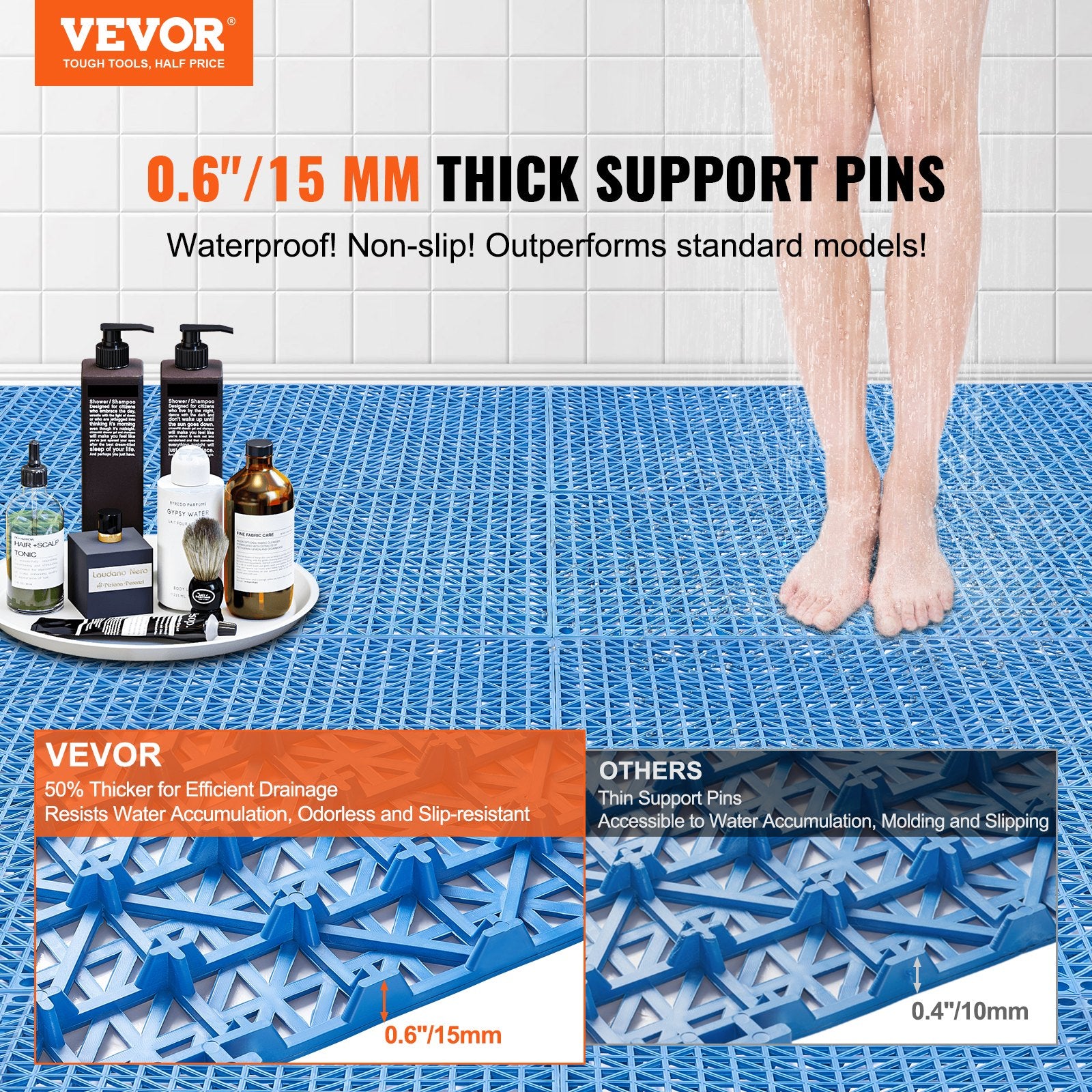 Modular Interlocking Cushion, 55 Pack 30 x 30 cm Splicing Drainage Mats, Soft PVC Interlocking Drainage Floor Tiles, Non-Slip Drainage Holes for Restroom, Bathroom, Kitchen, Pool, Wet Area, Blue - Image 2