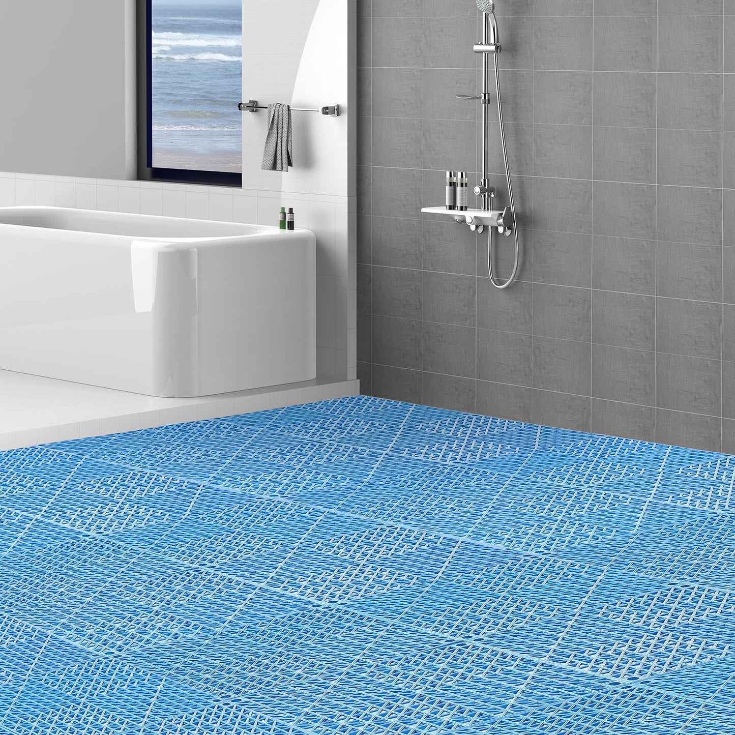 Modular Interlocking Cushion, 55 Pack 30 x 30 cm Splicing Drainage Mats, Soft PVC Interlocking Drainage Floor Tiles, Non-Slip Drainage Holes for Restroom, Bathroom, Kitchen, Pool, Wet Area, Blue - Image 8