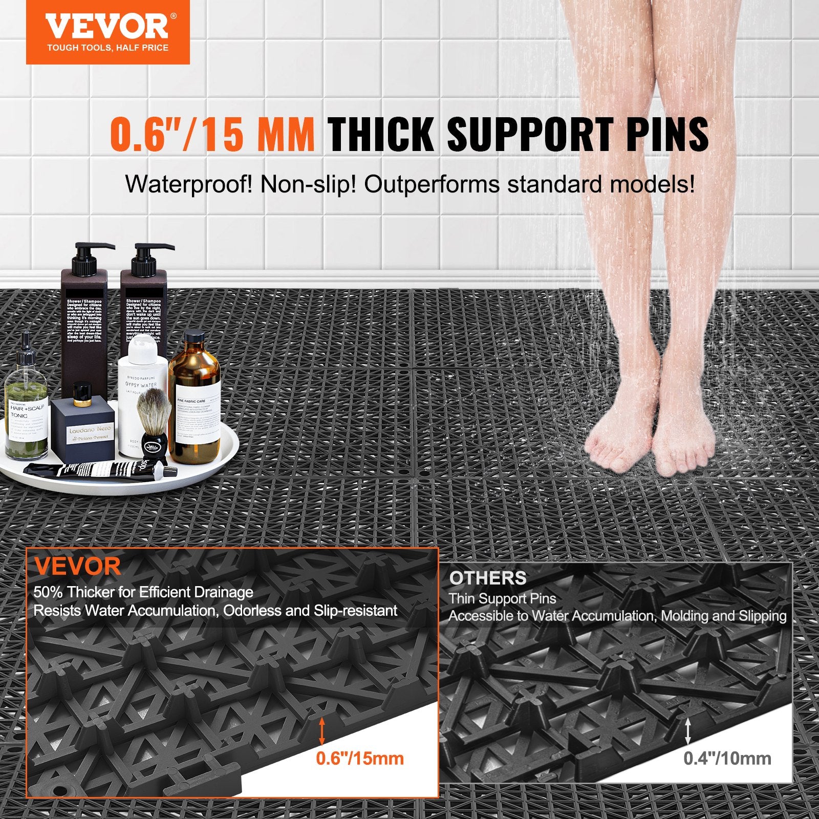 Modular Interlocking Cushion, 12 Pack 30 x 30 cm Splicing Drainage Mats, PVC Interlocking Drainage Floor Tiles, Non-Slip Drainage Holes for Restroom, Bathroom, Kitchen, Pool, Wet Area, Black - Image 2