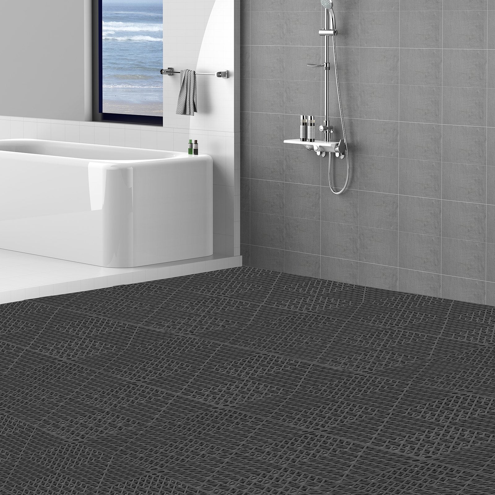 Modular Interlocking Cushion, 12 Pack 30 x 30 cm Splicing Drainage Mats, PVC Interlocking Drainage Floor Tiles, Non-Slip Drainage Holes for Restroom, Bathroom, Kitchen, Pool, Wet Area, Black - Image 8