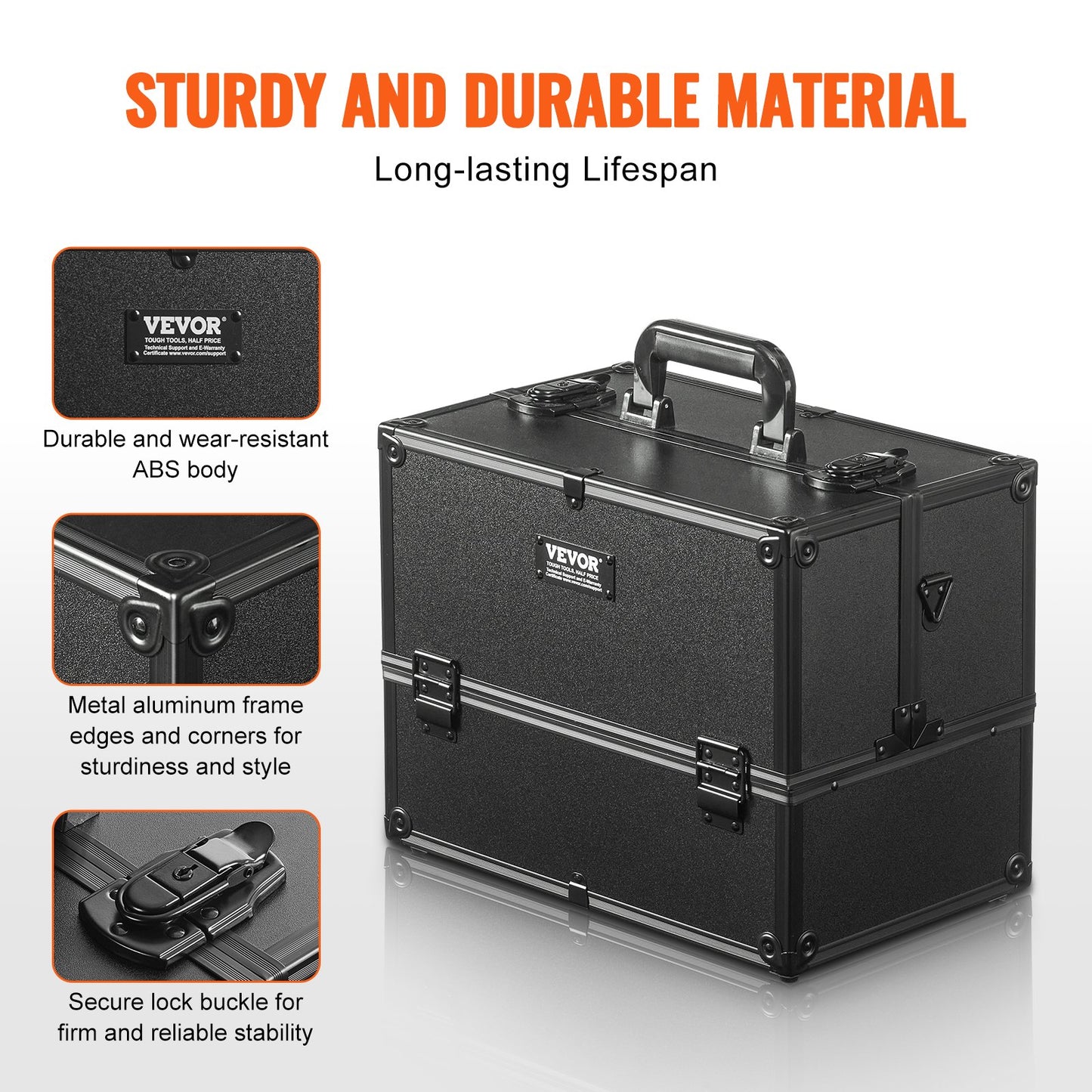 Makeup Train Case 370MM Large Portable Cosmetic Case, 6 Tier Trays Professional Makeup Storage Organizer Box Make Up Carrier with Handle And Strap Travel Case for Women and Girls - Black - Image 5