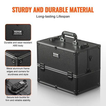 Makeup Train Case 370MM Large Portable Cosmetic Case, 6 Tier Trays Professional Makeup Storage Organizer Box Make Up Carrier with Handle And Strap Travel Case for Women and Girls - Black - Image 5