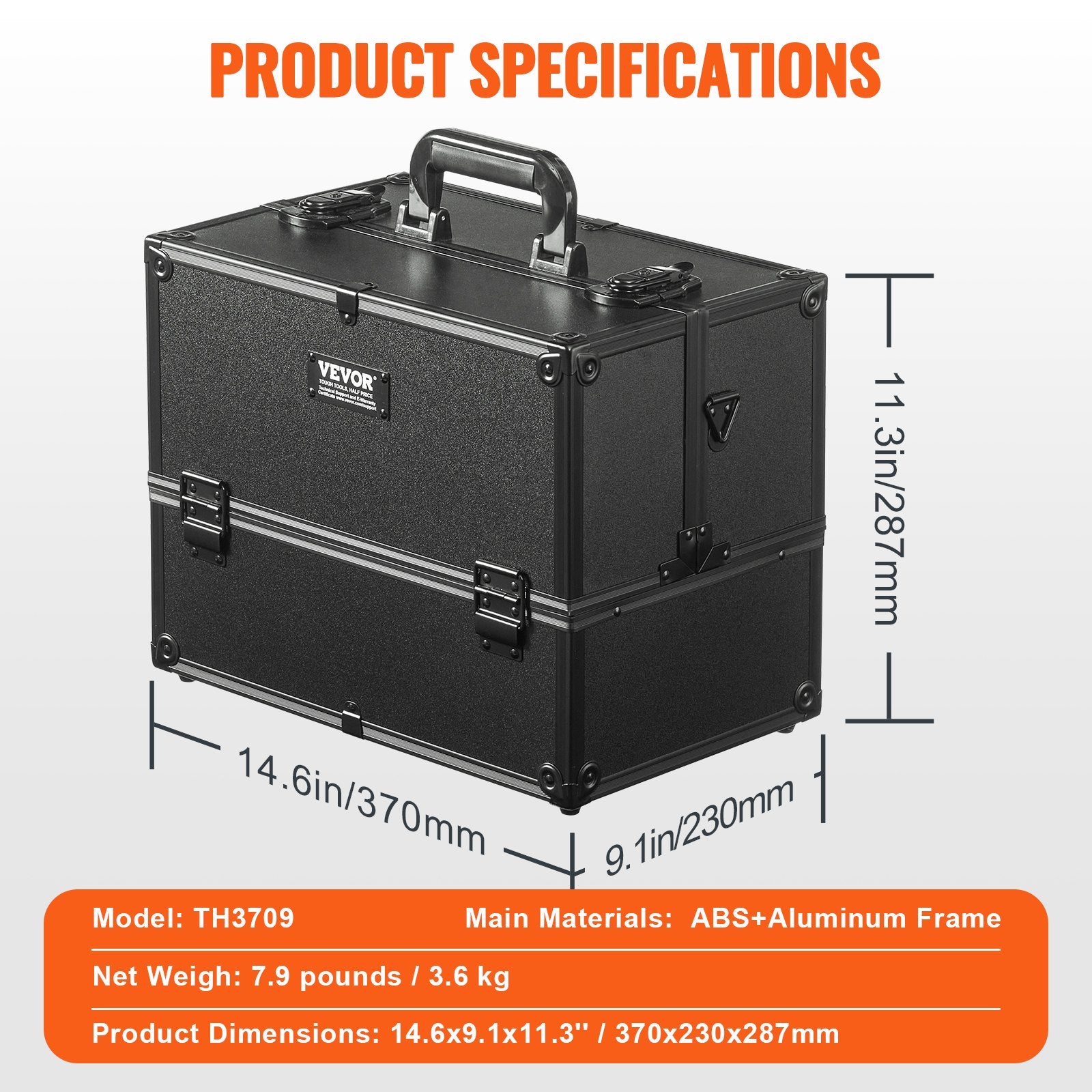 Makeup Train Case 370MM Large Portable Cosmetic Case, 6 Tier Trays Professional Makeup Storage Organizer Box Make Up Carrier with Handle And Strap Travel Case for Women and Girls - Black - Image 7