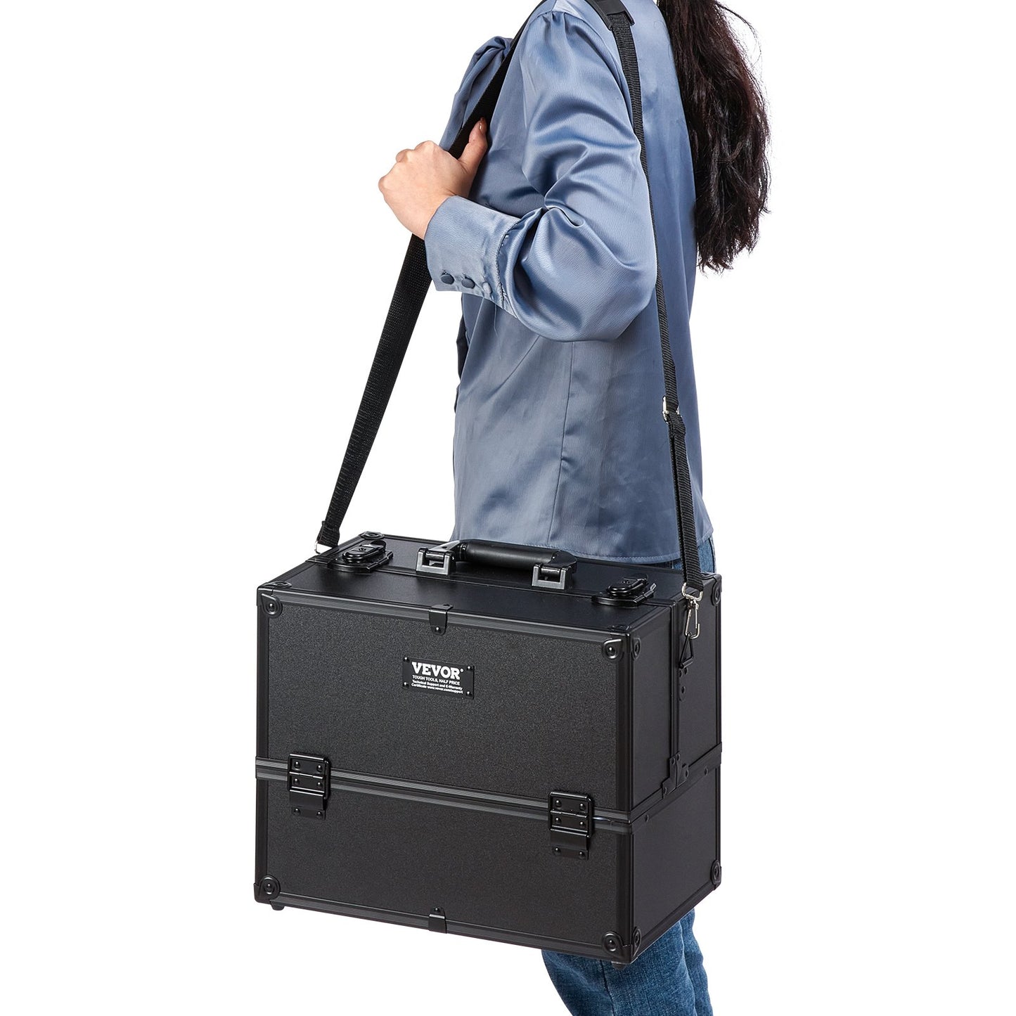 Makeup Train Case 370MM Large Portable Cosmetic Case, 6 Tier Trays Professional Makeup Storage Organizer Box Make Up Carrier with Handle And Strap Travel Case for Women and Girls - Black - Image 8