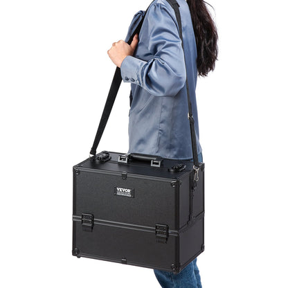 Makeup Train Case 370MM Large Portable Cosmetic Case, 6 Tier Trays Professional Makeup Storage Organizer Box Make Up Carrier with Handle And Strap Travel Case for Women and Girls - Black - Image 8