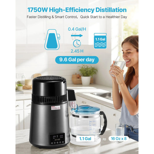 Water Distiller, 4L 1.1 Gallon Pure Water Purifier Filter For Home Table Countertop, 1750W Distilled Maker with Glass Pot, Stainless Steel Interior Drinking Machine to Make Clean Waters, Grey - Image 2