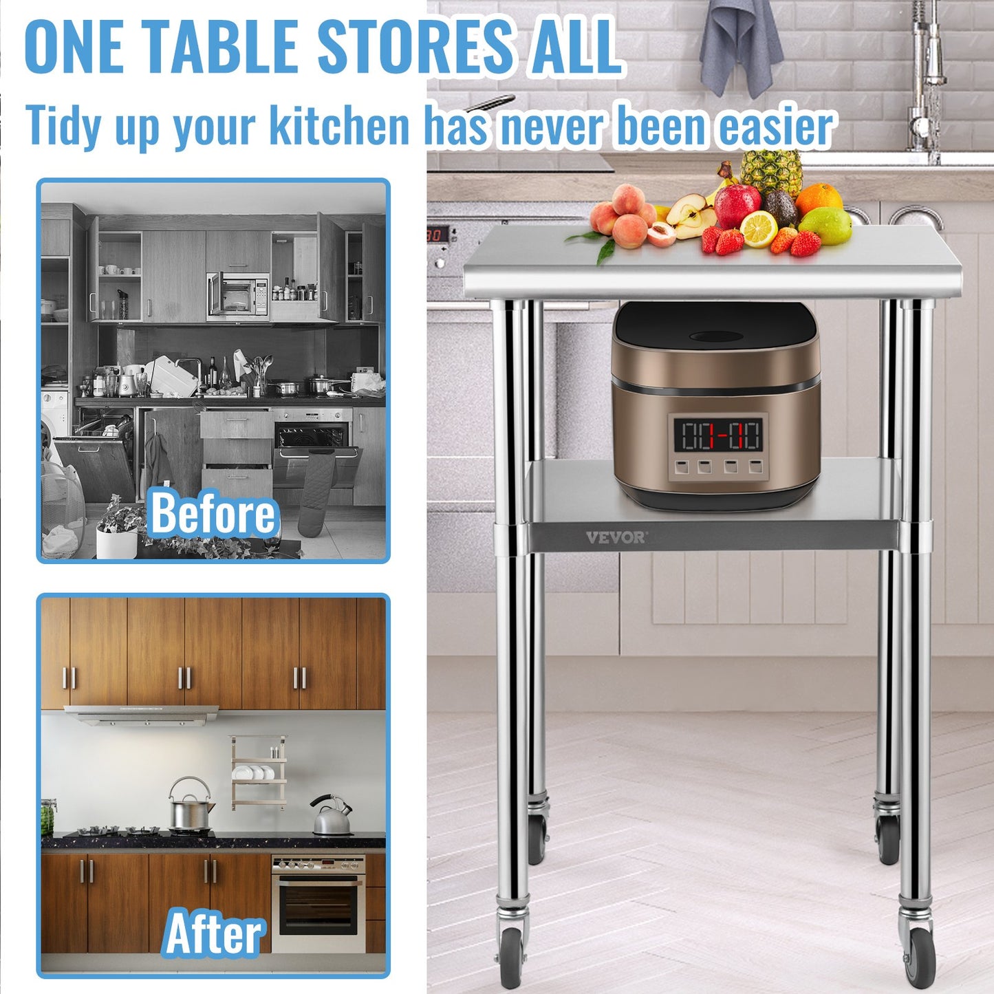 Stainless Steel Prep Table, 61 x 61 x 91.4 cm, 600lbs Load Capacity Heavy Duty Metal Worktable with Adjustable Undershelf & Universal Wheels, Commercial Workstation for Kitchen Garage Backyard - Image 2
