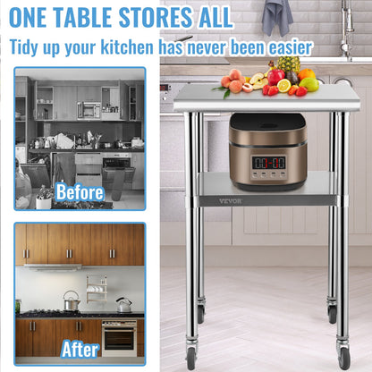 Stainless Steel Prep Table, 61 x 61 x 91.4 cm, 600lbs Load Capacity Heavy Duty Metal Worktable with Adjustable Undershelf & Universal Wheels, Commercial Workstation for Kitchen Garage Backyard - Image 2