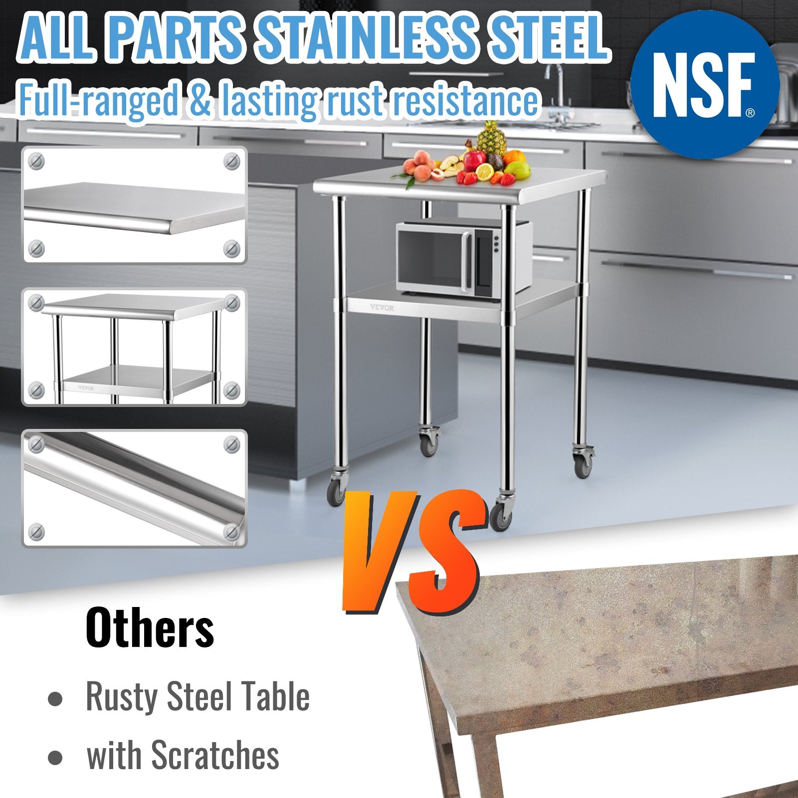 Stainless Steel Prep Table, 61 x 61 x 91.4 cm, 600lbs Load Capacity Heavy Duty Metal Worktable with Adjustable Undershelf & Universal Wheels, Commercial Workstation for Kitchen Garage Backyard - Image 3