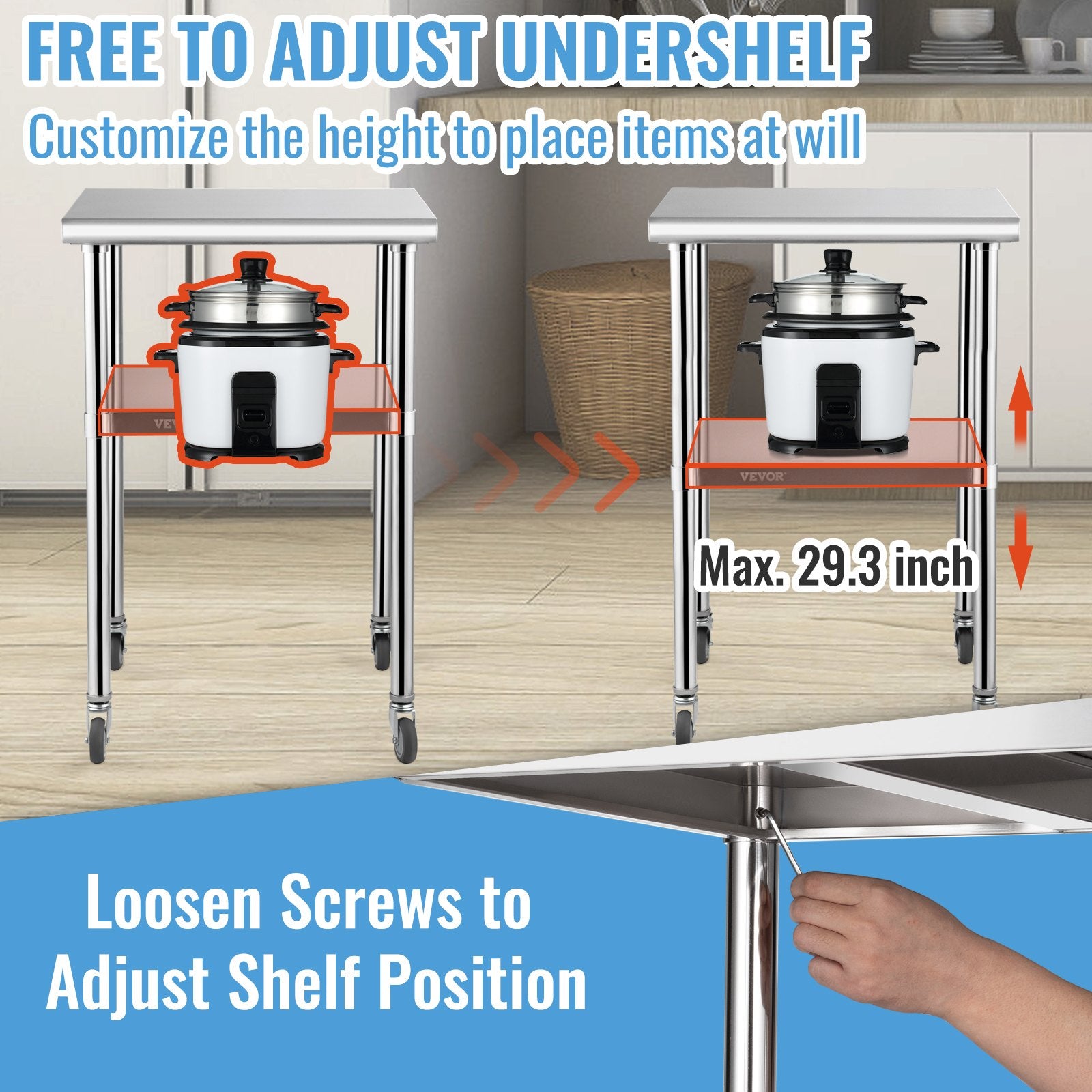 Stainless Steel Prep Table, 61 x 61 x 91.4 cm, 600lbs Load Capacity Heavy Duty Metal Worktable with Adjustable Undershelf & Universal Wheels, Commercial Workstation for Kitchen Garage Backyard - Image 5