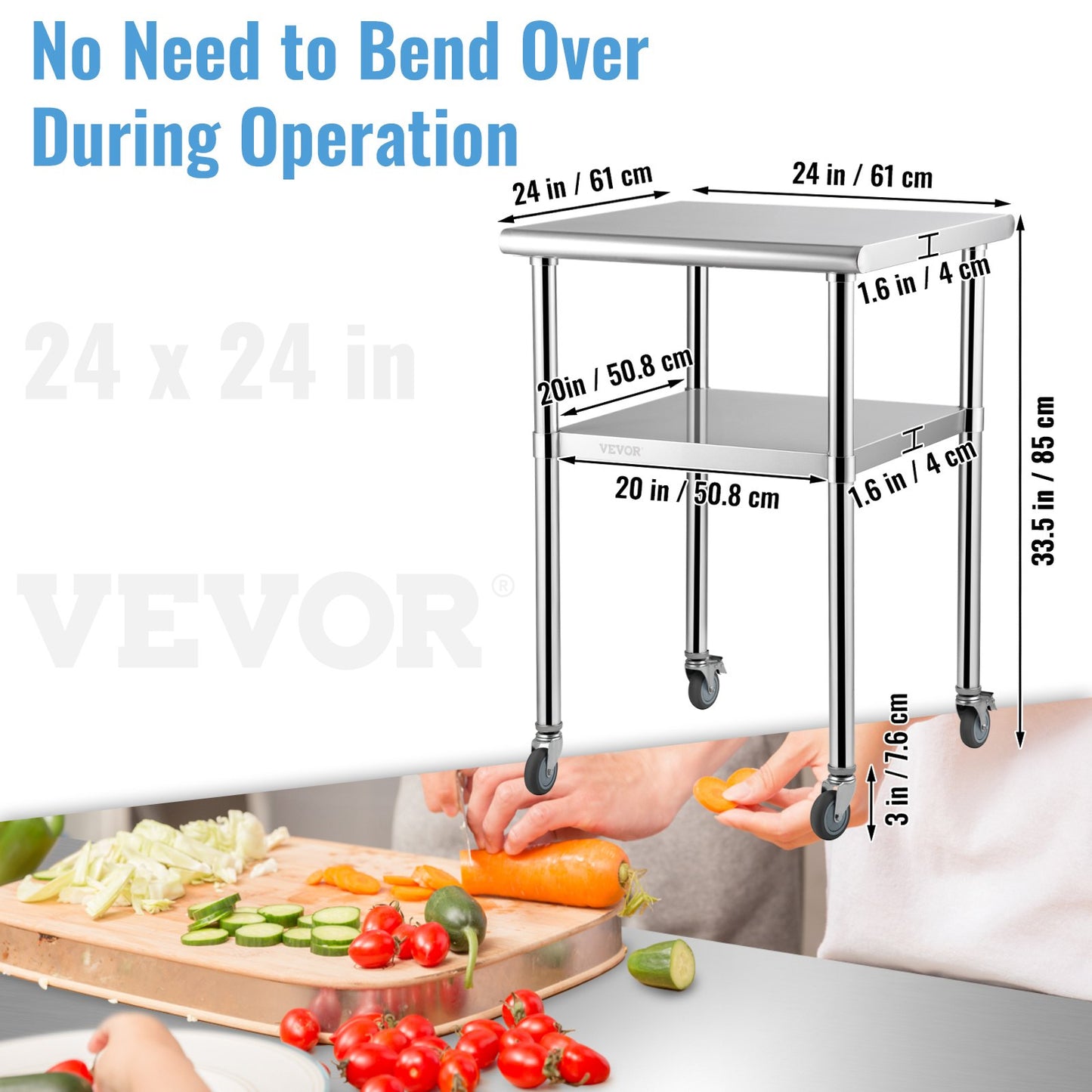 Stainless Steel Prep Table, 61 x 61 x 91.4 cm, 600lbs Load Capacity Heavy Duty Metal Worktable with Adjustable Undershelf & Universal Wheels, Commercial Workstation for Kitchen Garage Backyard - Image 7