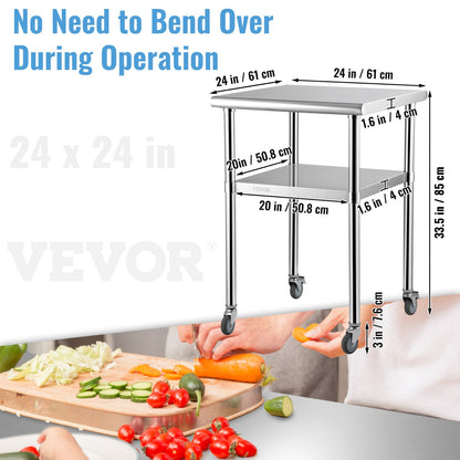 Stainless Steel Prep Table, 61 x 61 x 91.4 cm, 600lbs Load Capacity Heavy Duty Metal Worktable with Adjustable Undershelf & Universal Wheels, Commercial Workstation for Kitchen Garage Backyard - Image 7