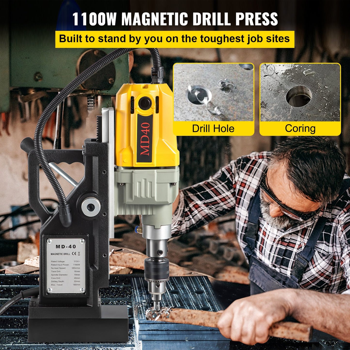 Magnetic Drill, 1100W 1.57" Boring Diameter, 2697lbf/12000N Portable Electric Mag Drill Press with 7 Bits, 580 RPM Max Speed Drilling Machine for any Surface and Home Improvement - Image 2