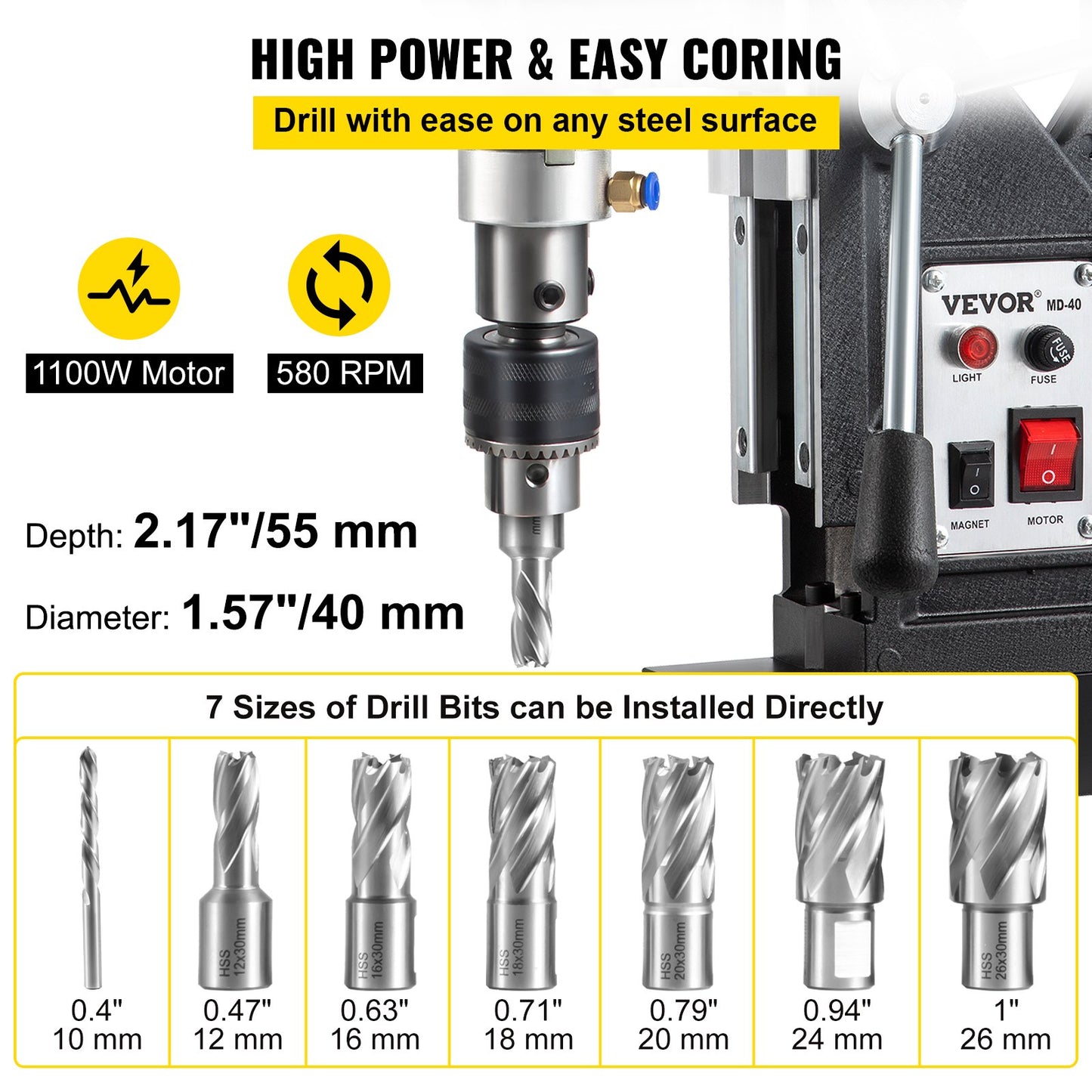 Magnetic Drill, 1100W 1.57" Boring Diameter, 2697lbf/12000N Portable Electric Mag Drill Press with 7 Bits, 580 RPM Max Speed Drilling Machine for any Surface and Home Improvement - Image 3
