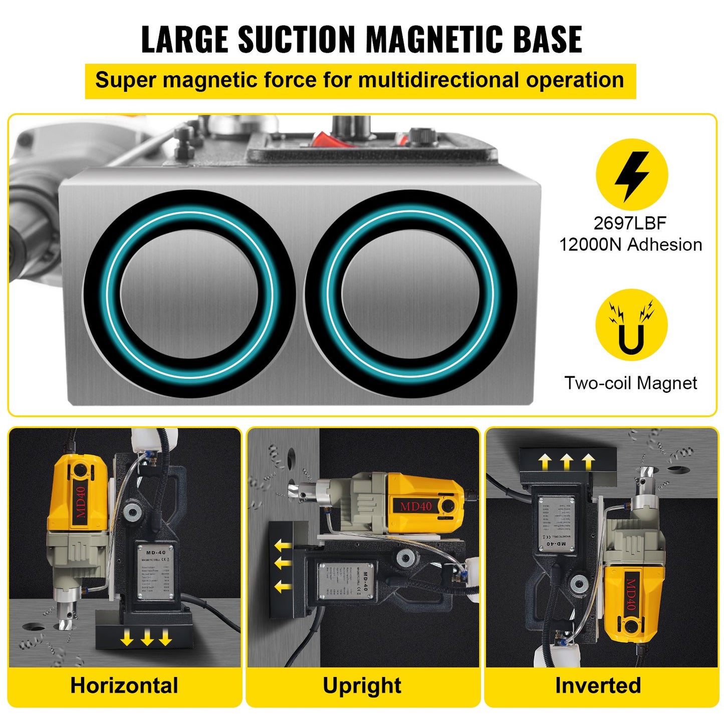Magnetic Drill, 1100W 1.57" Boring Diameter, 2697lbf/12000N Portable Electric Mag Drill Press with 7 Bits, 580 RPM Max Speed Drilling Machine for any Surface and Home Improvement - Image 4
