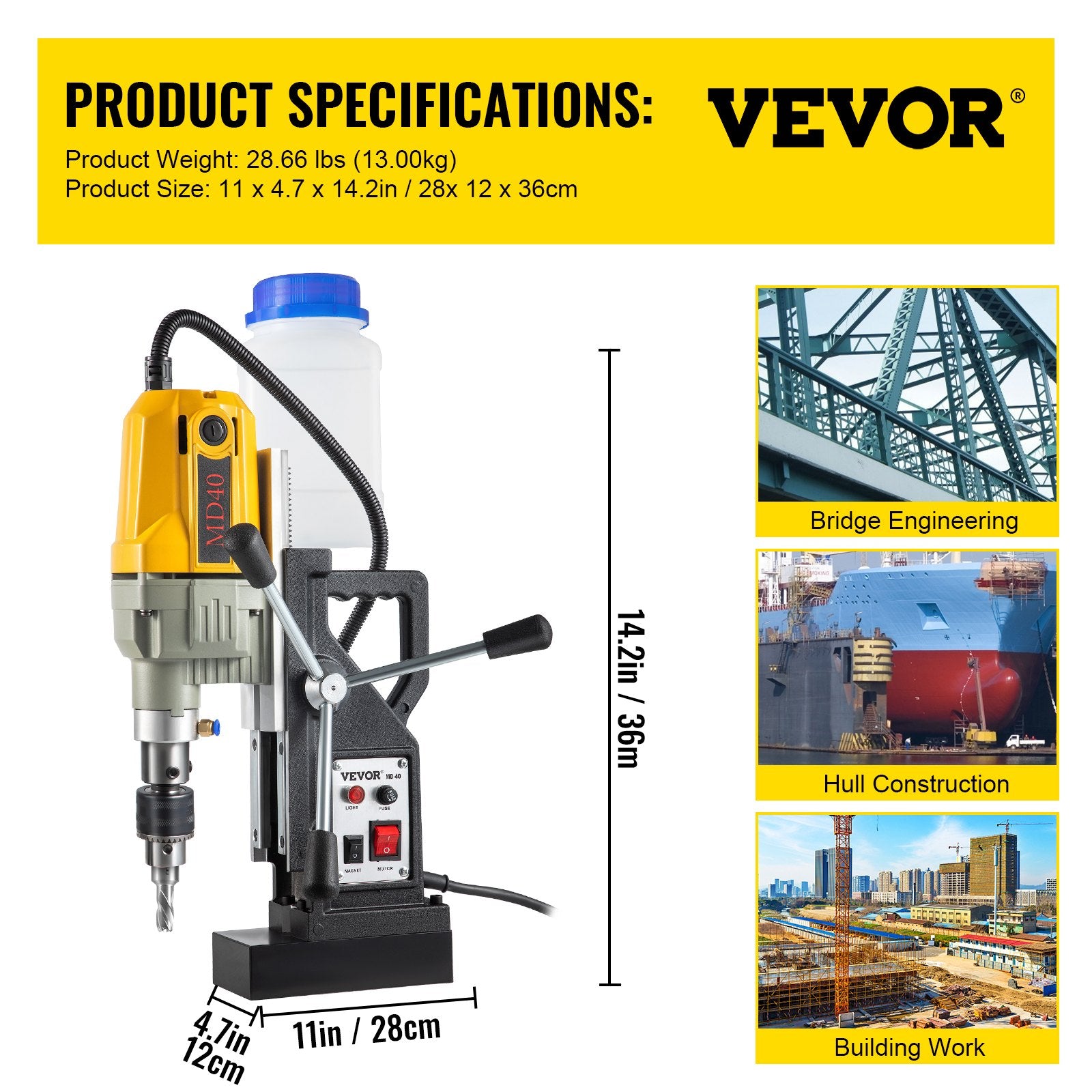 Magnetic Drill, 1100W 1.57" Boring Diameter, 2697lbf/12000N Portable Electric Mag Drill Press with 7 Bits, 580 RPM Max Speed Drilling Machine for any Surface and Home Improvement - Image 7