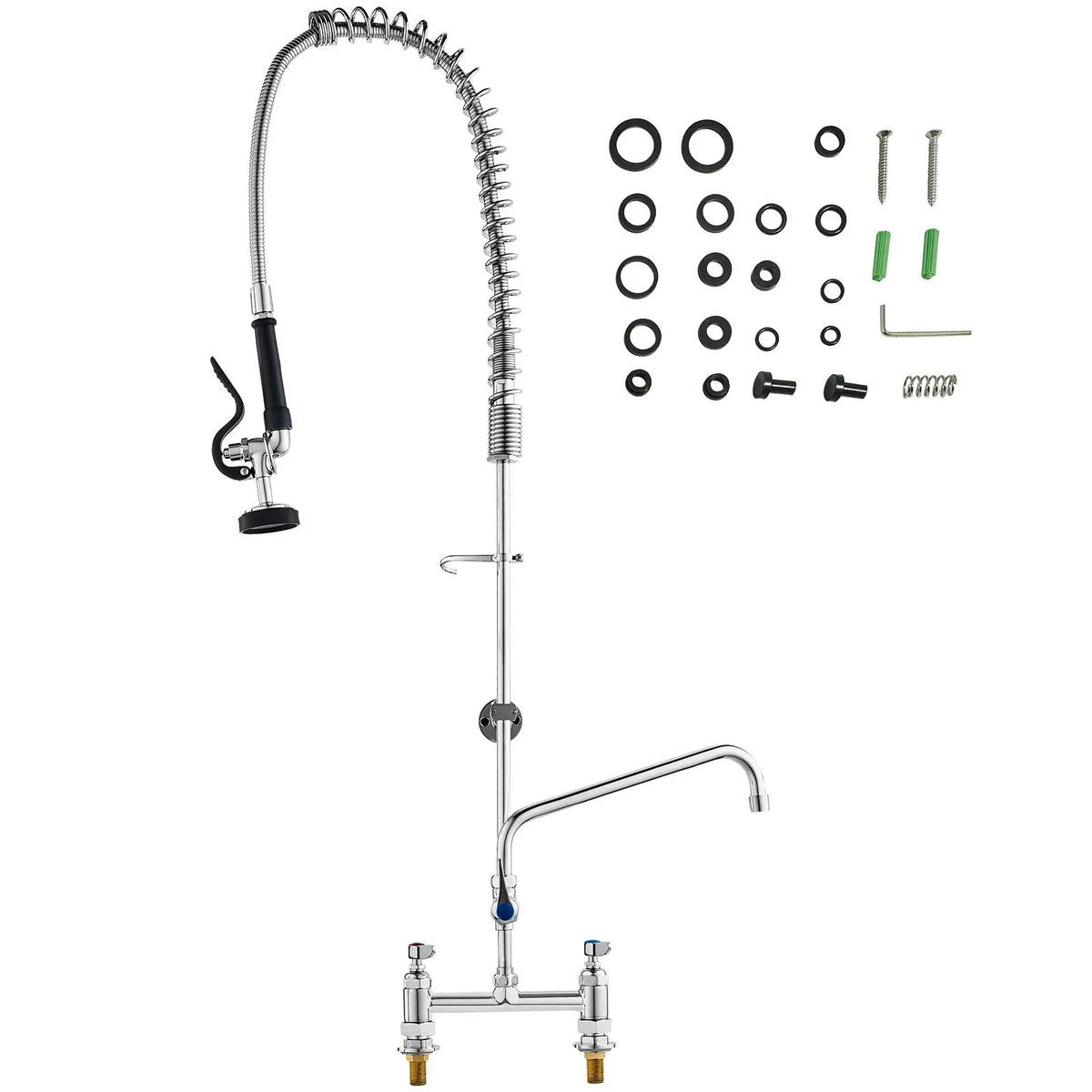Commercial Faucet with Pre-Rinse Sprayer, 44" Height, 8" Center, 12" Swing Spout, Deck Mount Kitchen Sink Faucet, Brass Constructed Device with Pull Down Spray, for 1/2/3 Compartment Sink