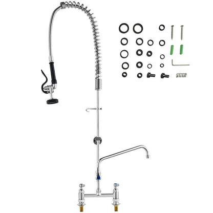 Commercial Faucet with Pre-Rinse Sprayer, 44" Height, 8" Center, 12" Swing Spout, Deck Mount Kitchen Sink Faucet, Brass Constructed Device with Pull Down Spray, for 1/2/3 Compartment Sink