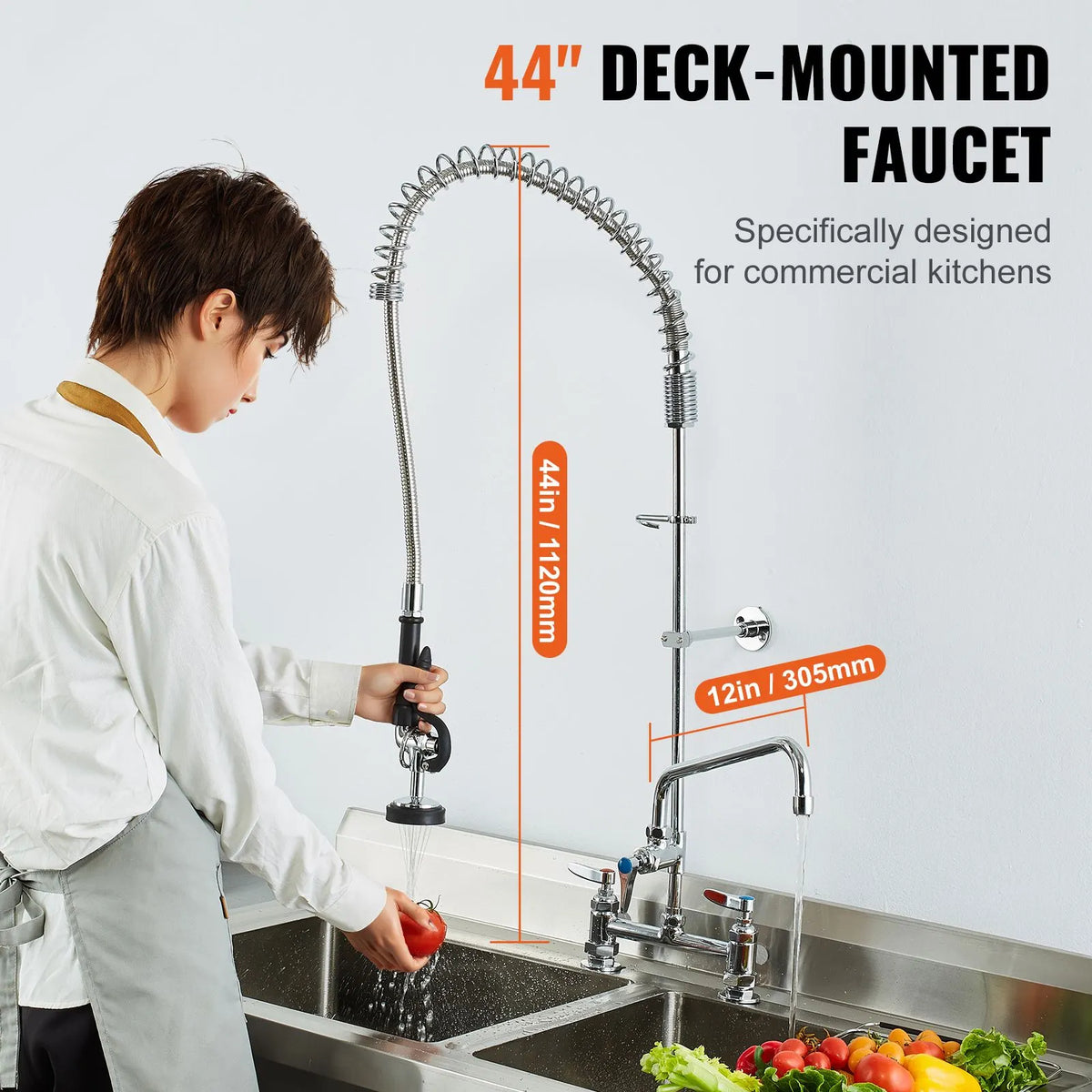 Commercial Faucet with Pre-Rinse Sprayer, 44" Height, 8" Center, 12" Swing Spout, Deck Mount Kitchen Sink Faucet, Brass Constructed Device with Pull Down Spray, for 1/2/3 Compartment Sink - Image 2