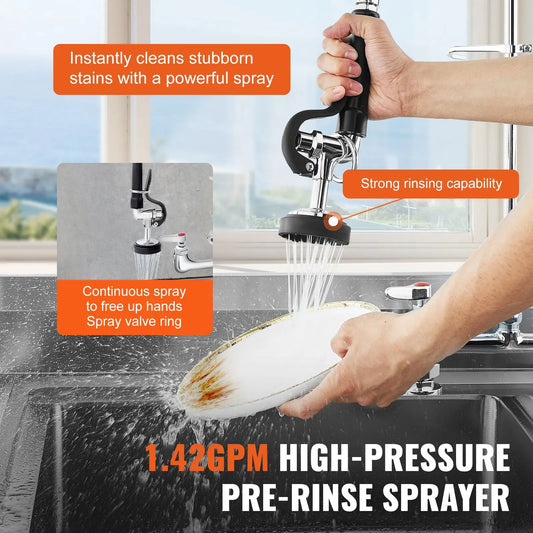 Commercial Faucet with Pre-Rinse Sprayer, 44" Height, 8" Center, 12" Swing Spout, Deck Mount Kitchen Sink Faucet, Brass Constructed Device with Pull Down Spray, for 1/2/3 Compartment Sink - Image 4