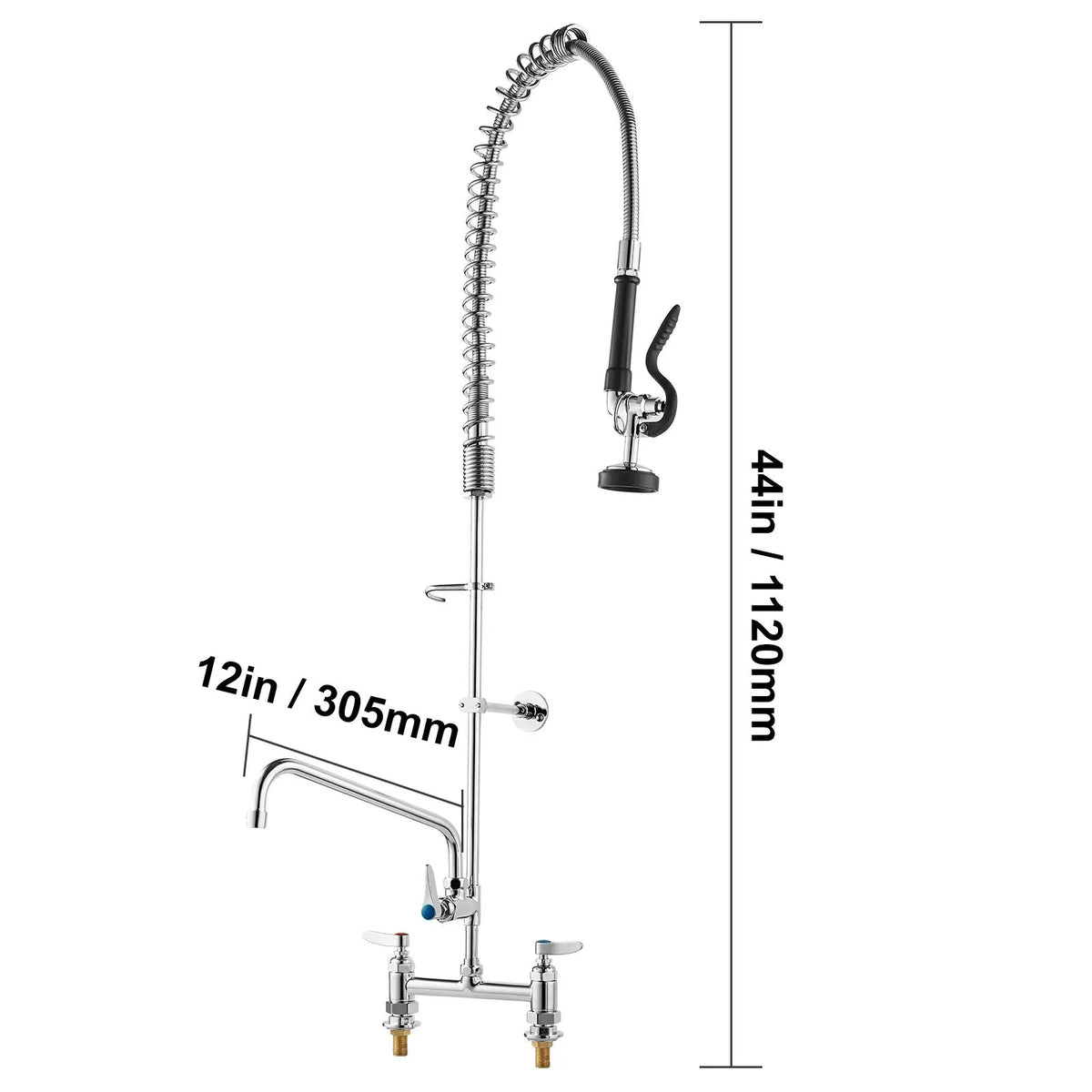 Commercial Faucet with Pre-Rinse Sprayer, 44" Height, 8" Center, 12" Swing Spout, Deck Mount Kitchen Sink Faucet, Brass Constructed Device with Pull Down Spray, for 1/2/3 Compartment Sink - Image 8