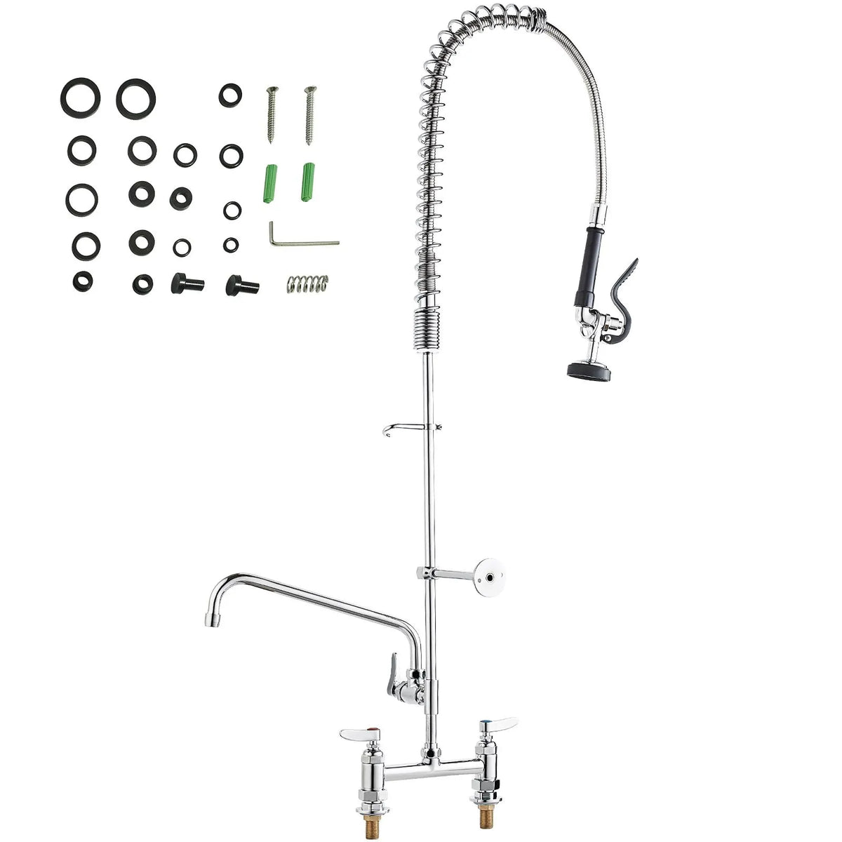 Commercial Faucet with Pre-Rinse Sprayer, 44" Height, 8" Center, 12" Swing Spout, Deck Mount Kitchen Sink Faucet, Brass Constructed Device with Pull Down Spray, for 1/2/3 Compartment Sink - Image 9