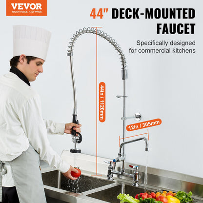 Commercial Faucet with Pre-Rinse Sprayer, 44" Height, 8" Center, 12" Swing Spout, Deck Mount Kitchen Sink Faucet, Brass Constructed Device with Pull Down Spray, for 1/2/3 Compartment Sink - Image 2