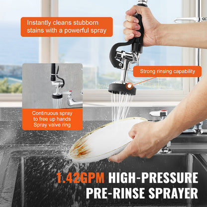Commercial Faucet with Pre-Rinse Sprayer, 44" Height, 8" Center, 12" Swing Spout, Deck Mount Kitchen Sink Faucet, Brass Constructed Device with Pull Down Spray, for 1/2/3 Compartment Sink - Image 4