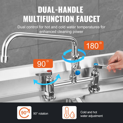 Commercial Faucet with Pre-Rinse Sprayer, 44" Height, 8" Center, 12" Swing Spout, Deck Mount Kitchen Sink Faucet, Brass Constructed Device with Pull Down Spray, for 1/2/3 Compartment Sink - Image 5