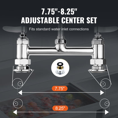Commercial Faucet with Pre-Rinse Sprayer, 44" Height, 8" Center, 12" Swing Spout, Deck Mount Kitchen Sink Faucet, Brass Constructed Device with Pull Down Spray, for 1/2/3 Compartment Sink - Image 6