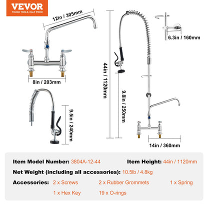 Commercial Faucet with Pre-Rinse Sprayer, 44" Height, 8" Center, 12" Swing Spout, Deck Mount Kitchen Sink Faucet, Brass Constructed Device with Pull Down Spray, for 1/2/3 Compartment Sink - Image 7