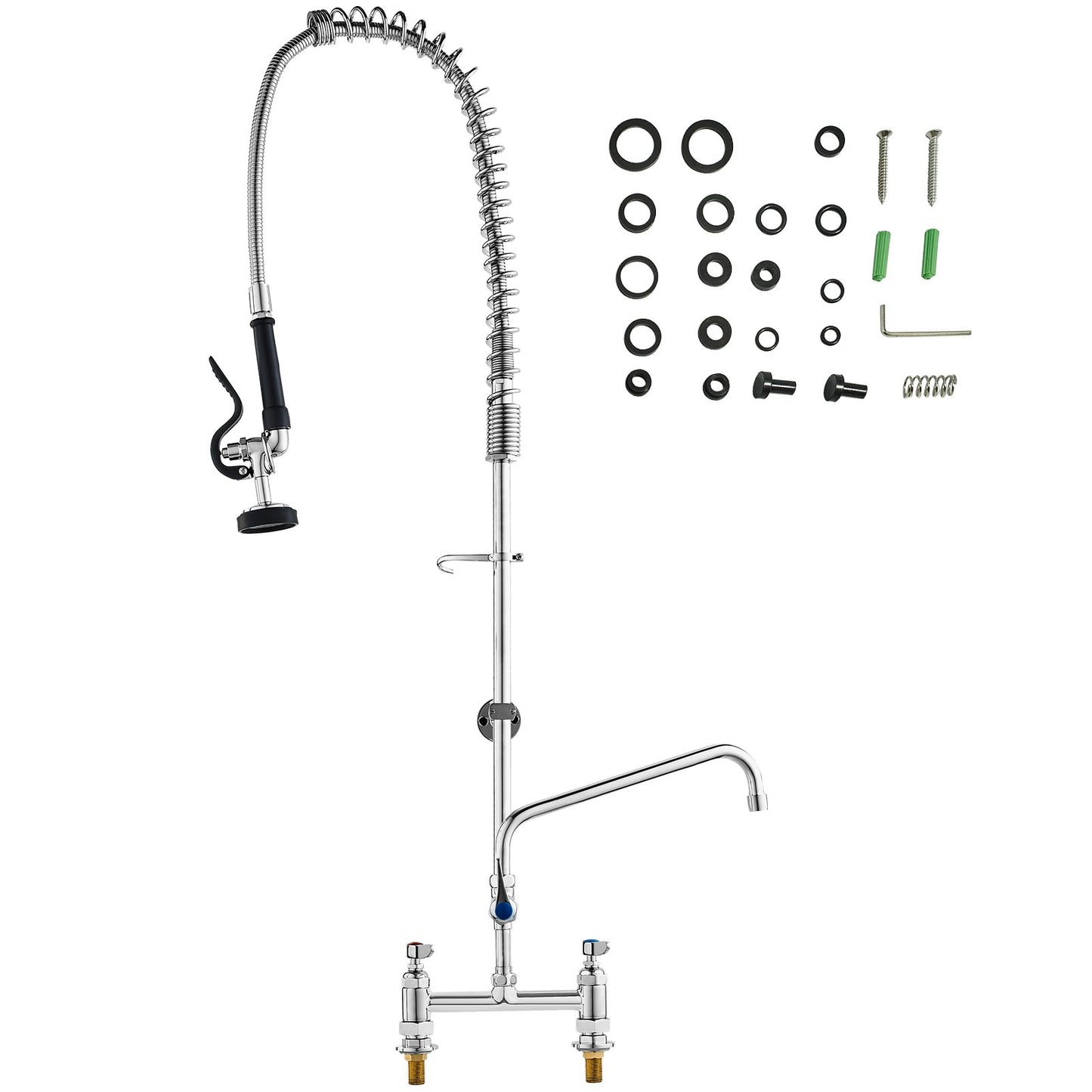 Commercial Faucet with Pre-Rinse Sprayer, 44" Height, 8" Center, 12" Swing Spout, Deck Mount Kitchen Sink Faucet, Brass Constructed Device with Pull Down Spray, for 1/2/3 Compartment Sink - Image 9
