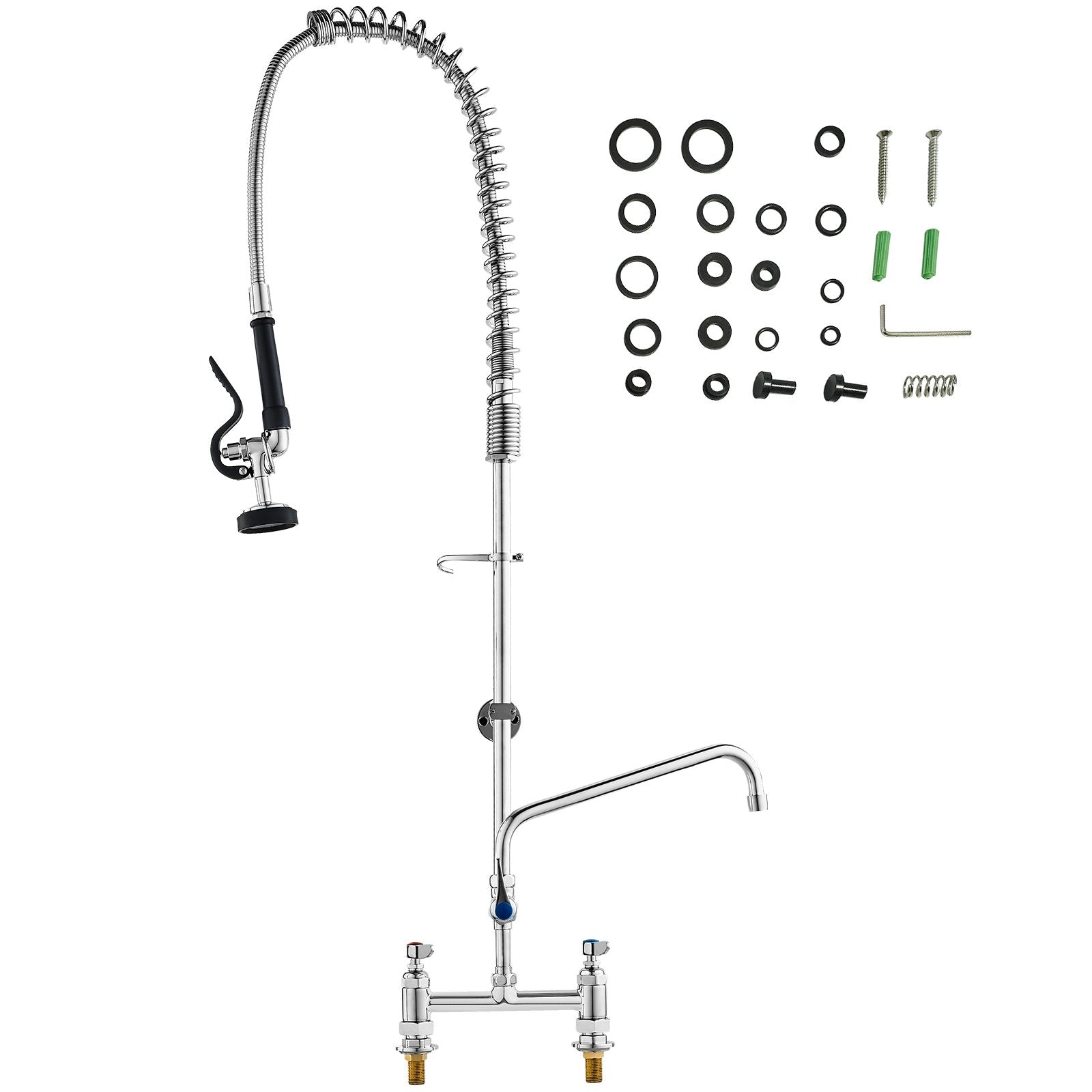 Commercial Faucet with Pre-Rinse Sprayer, 44" Height, 8" Center, 12" Swing Spout, Deck Mount Kitchen Sink Faucet, Brass Constructed Device with Pull Down Spray, for 1/2/3 Compartment Sink - Image 9