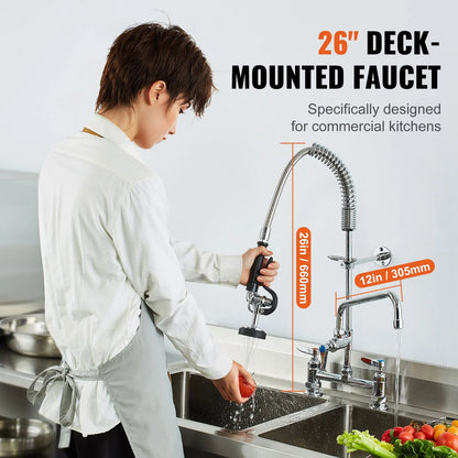 Commercial Faucet with Pre-Rinse Sprayer, 26" Height, 8" Center, 12" Swing Spout, Deck Mount Kitchen Sink Faucet, Brass Constructed Device with Pull Down Spray, for 1/2/3 Compartment Sink - Image 2