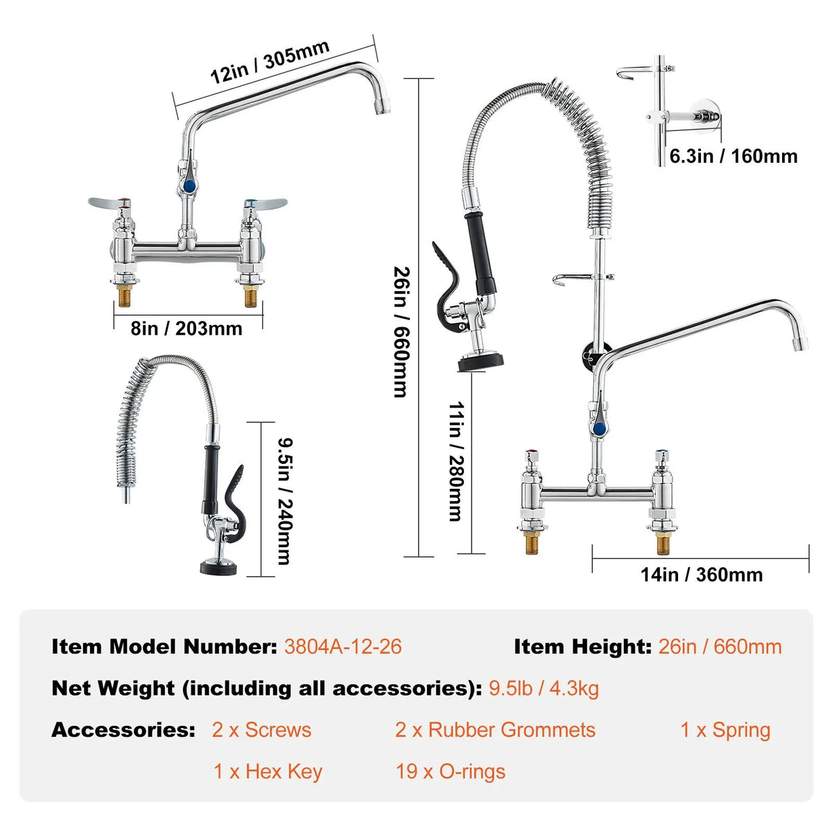 Commercial Faucet with Pre-Rinse Sprayer, 26" Height, 8" Center, 12" Swing Spout, Deck Mount Kitchen Sink Faucet, Brass Constructed Device with Pull Down Spray, for 1/2/3 Compartment Sink - Image 7