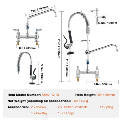 Commercial Faucet with Pre-Rinse Sprayer, 26" Height, 8" Center, 12" Swing Spout, Deck Mount Kitchen Sink Faucet, Brass Constructed Device with Pull Down Spray, for 1/2/3 Compartment Sink - Image 7