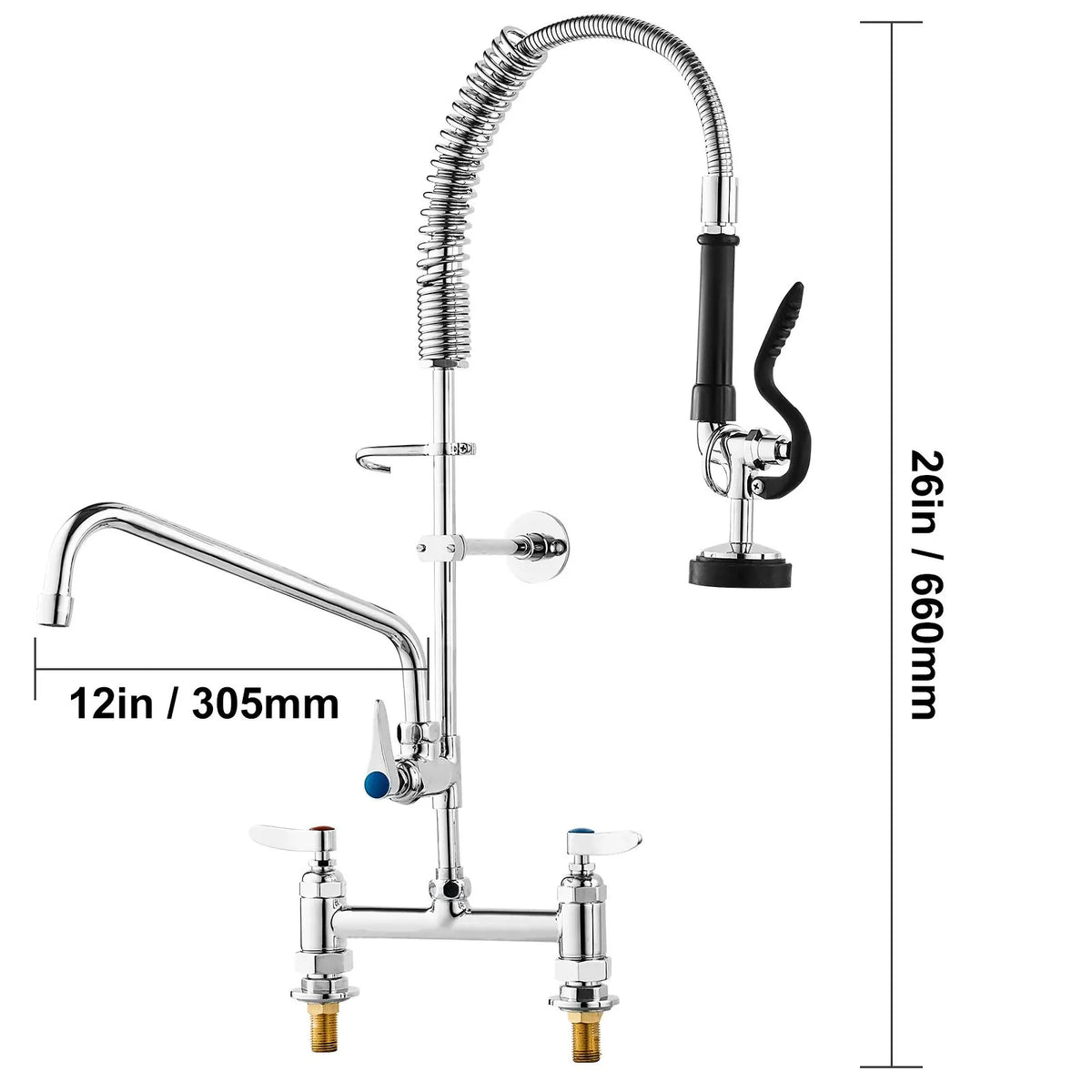 Commercial Faucet with Pre-Rinse Sprayer, 26" Height, 8" Center, 12" Swing Spout, Deck Mount Kitchen Sink Faucet, Brass Constructed Device with Pull Down Spray, for 1/2/3 Compartment Sink - Image 8
