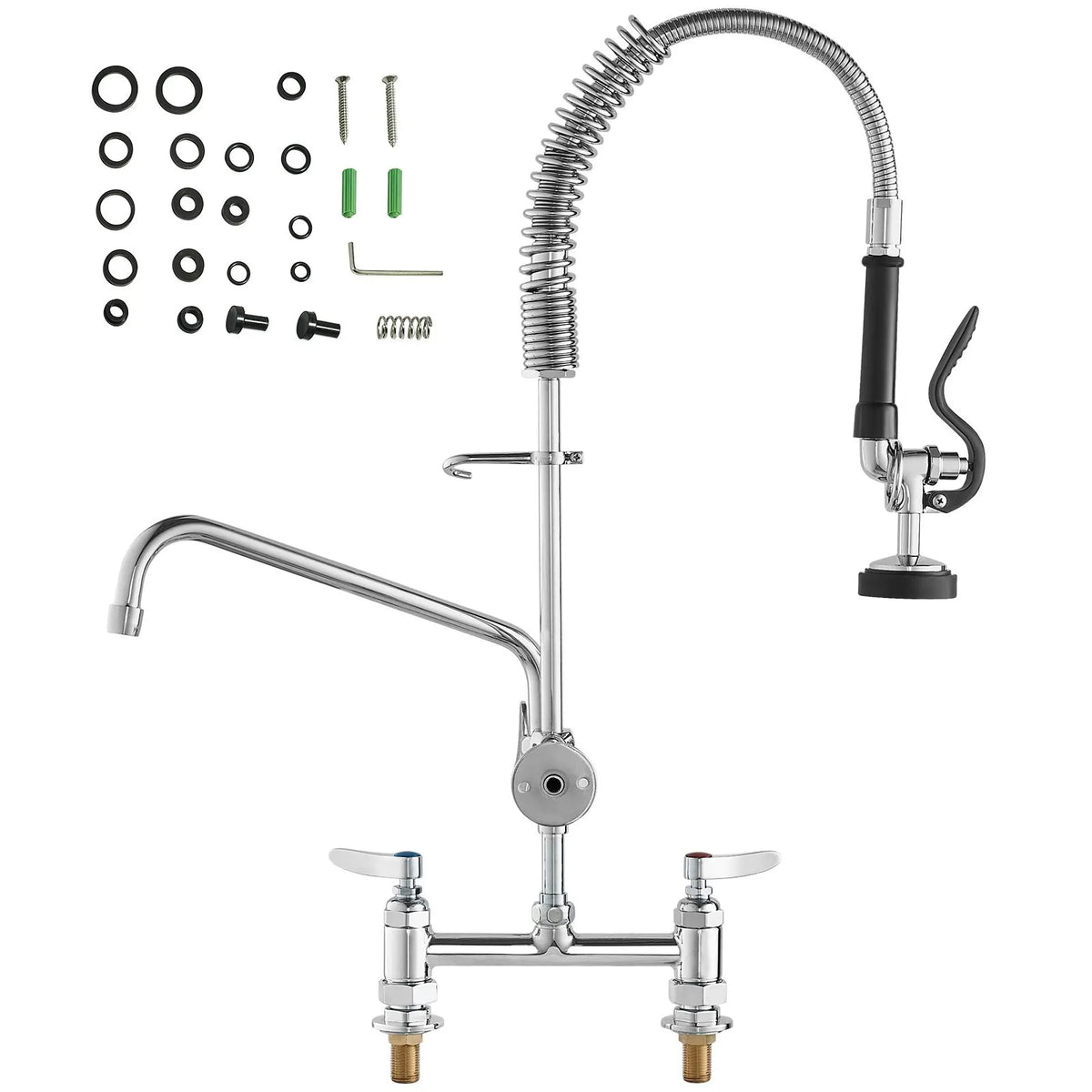 Commercial Faucet with Pre-Rinse Sprayer, 26" Height, 8" Center, 12" Swing Spout, Deck Mount Kitchen Sink Faucet, Brass Constructed Device with Pull Down Spray, for 1/2/3 Compartment Sink - Image 9