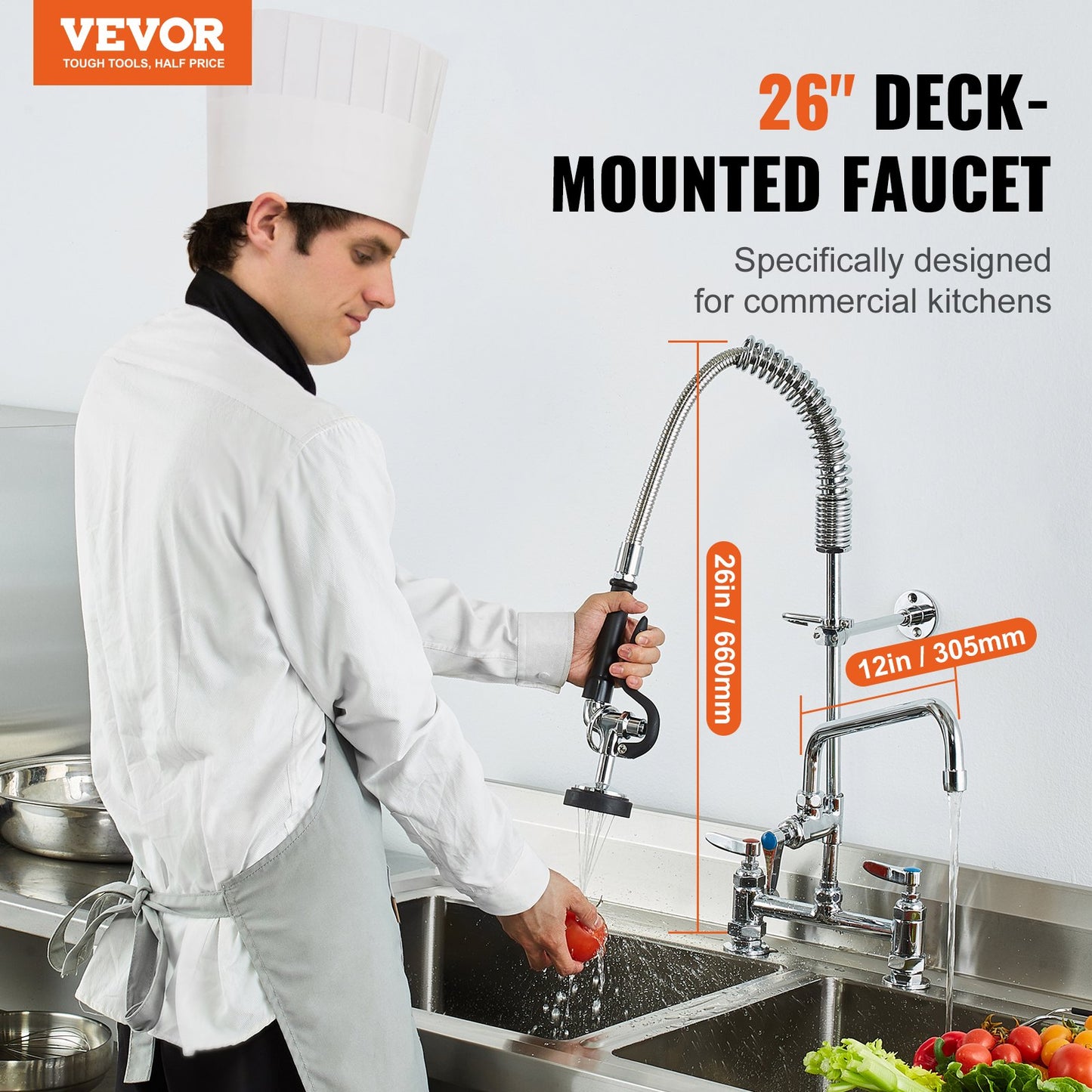 Commercial Faucet with Pre-Rinse Sprayer, 26" Height, 8" Center, 12" Swing Spout, Deck Mount Kitchen Sink Faucet, Brass Constructed Device with Pull Down Spray, for 1/2/3 Compartment Sink - Image 2