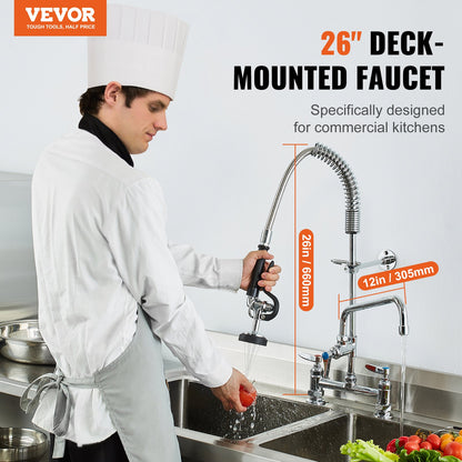Commercial Faucet with Pre-Rinse Sprayer, 26" Height, 8" Center, 12" Swing Spout, Deck Mount Kitchen Sink Faucet, Brass Constructed Device with Pull Down Spray, for 1/2/3 Compartment Sink - Image 2