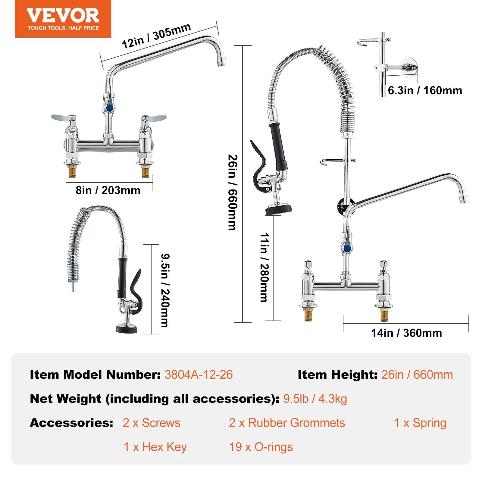Commercial Faucet with Pre-Rinse Sprayer, 26" Height, 8" Center, 12" Swing Spout, Deck Mount Kitchen Sink Faucet, Brass Constructed Device with Pull Down Spray, for 1/2/3 Compartment Sink - Image 7