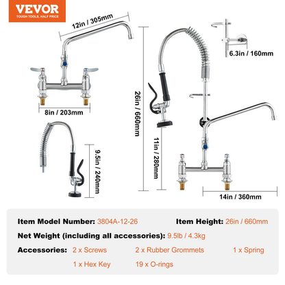Commercial Faucet with Pre-Rinse Sprayer, 26" Height, 8" Center, 12" Swing Spout, Deck Mount Kitchen Sink Faucet, Brass Constructed Device with Pull Down Spray, for 1/2/3 Compartment Sink - Image 7